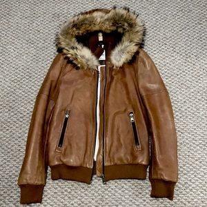 Soia & Kyo Men’s leather hooded bomber jacket